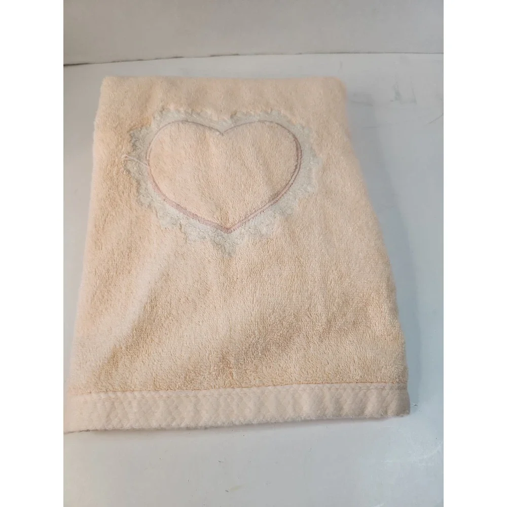 Vtg 1980s Bibb Mills Bath Towel Peach Pink Satin Lace Heart Cottagecore Coquette